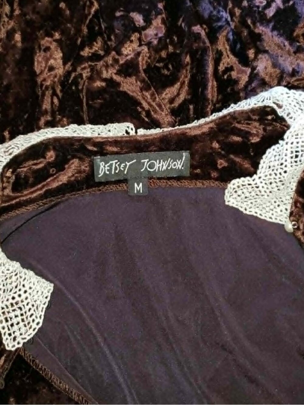 Vintage Betsey Johnson 90s Y2K Brown Crushed Velvet Victorian Pearl Skater Dress - Picture 14 of 15